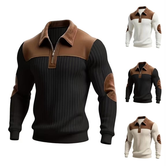 RongHuan Mens Pullover Quarter Zip Vintage Shirt Color Block Lapel Sweatshirts Long Sleeve Sport Tops