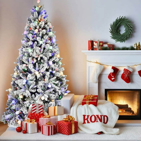 Spaco Artificial 8FT Flock Christmas Tree with 1793PE/PVC Mixed Branch Tips and 470L Warm White Lights, Christmas Tree with Hinged Premium & Foldable Base for Indoor Holiday Decoration, Green