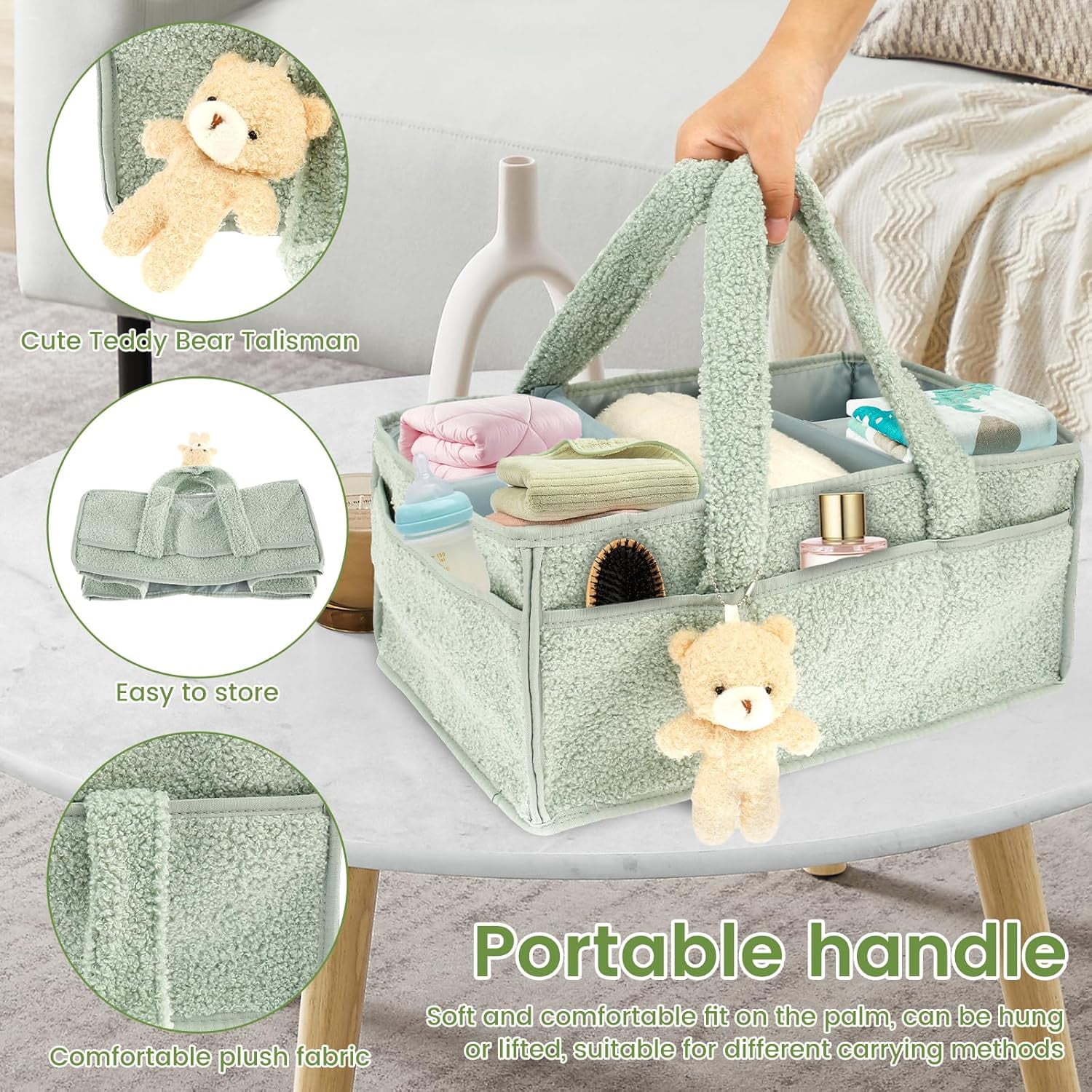 Nappy Caddy Organizer for Baby Changing Table, Portable Diaper Caddy With Removable Dividers/Handle, Newborn Essentials, Nursery Wipes Storage Bag, Gift for Mum, Baby Shower