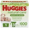 Huggies Natural Care Unscented Baby Wipes, 3 Refill Packs + 1 Nursery Tub (600 Wipes Total)