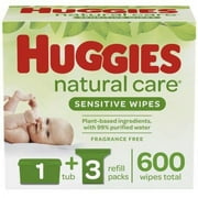 Huggies Natural Care Unscented Baby Wipes, 3 Refill Packs + 1 Nursery Tub (600 Wipes Total)