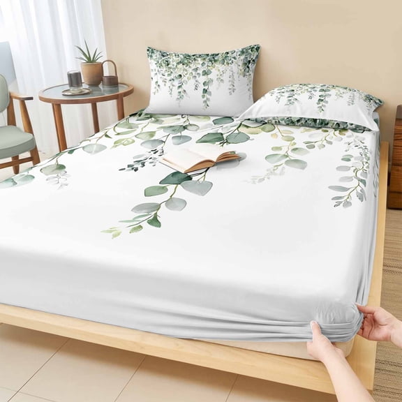 King Size Fitted Sheet Set - Eucalyptus Leaves 3 Piece Bedding Sets 16" Deep Pocket Fitted Sheet with 2 Pillowcases, Spring Farmhouse Retro Botanical Brushed Microfiber Hotel Luxury Bed Sheets