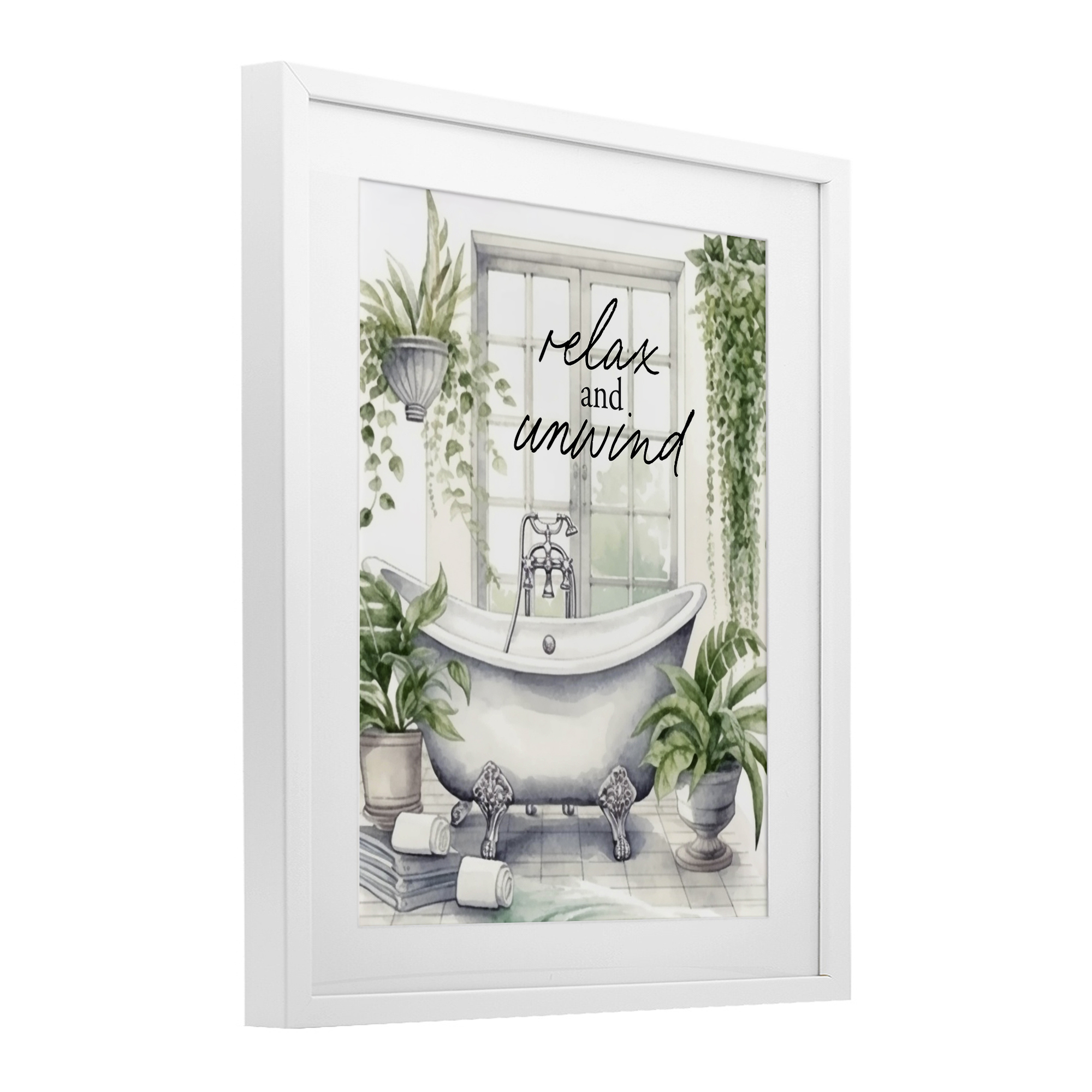Relax Unwind Bath & Foliage White Framed Print Under Glass, design by Lettered and Lined