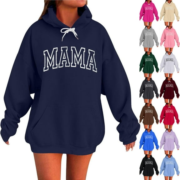 Womens Oversized Hoodies Sweatshirts Long Sleeve MAMA Print Casual Loose Fleece Pullover Winter Fall Outfits Fashion Y2k Clothes