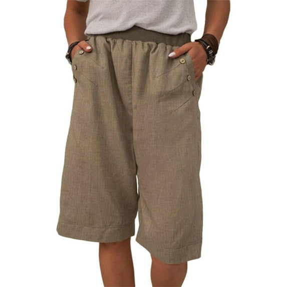 Summer Women's Lounge Beach Shorts Casual Cotton And Linen Elastic Waist Knee-Length Straight-leg Pants Bermuda Shorts