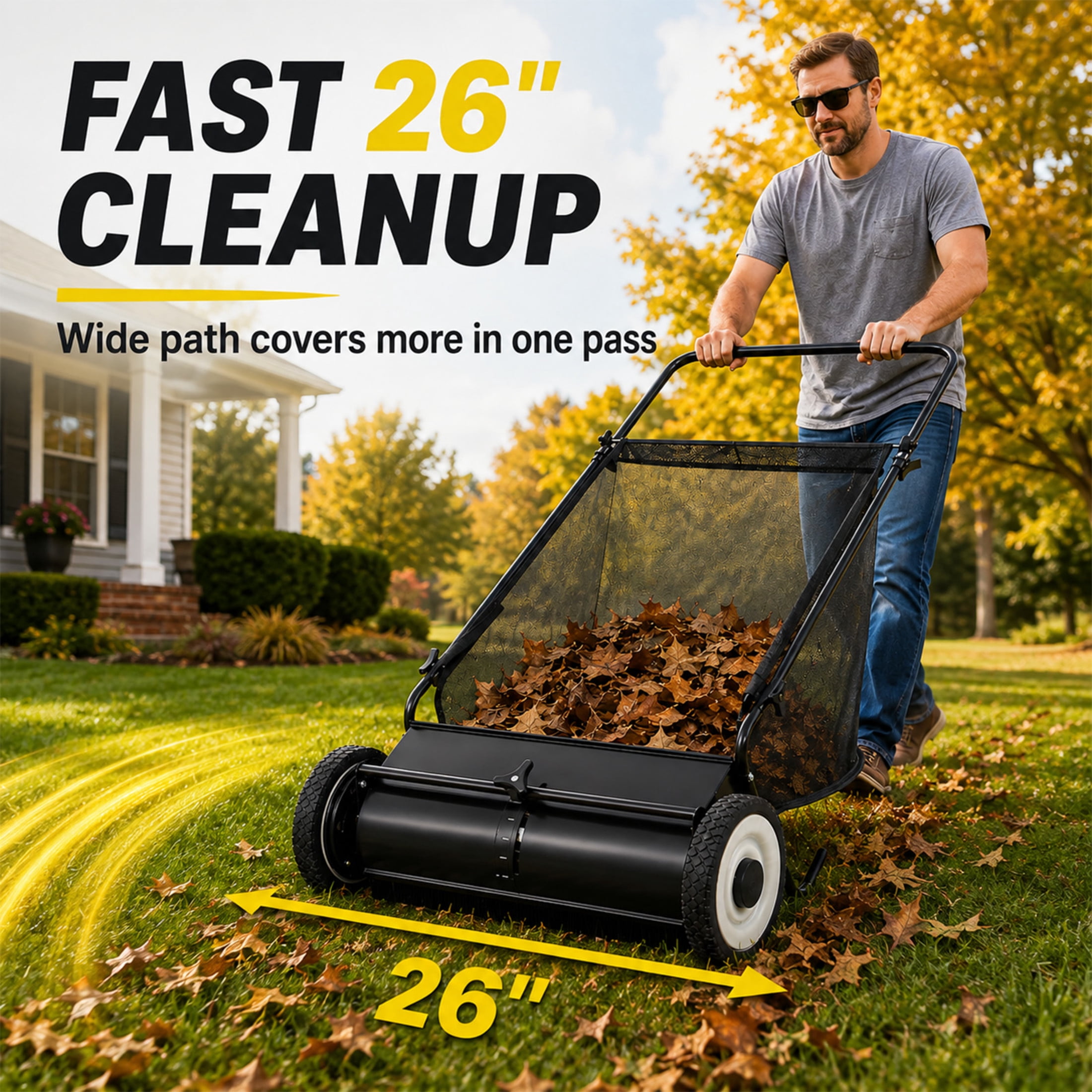 GDF Studio 26" Push Lawn Sweeper with 7 Cu. Ft. Large Hopper & 4 Rotating Brushes, Heavy-Duty Steel Frame, Black