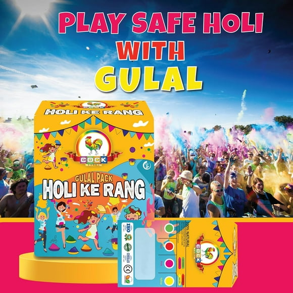 Boîte Cadeau Bio Holi Ke Rang - Lot de 2 X 4 Sachets, Vert, Rouge, Rose, Jaune Couleurs de Poudre Non Toxiques - Doux pour la Peau, Facile à Laver Holi Gulal