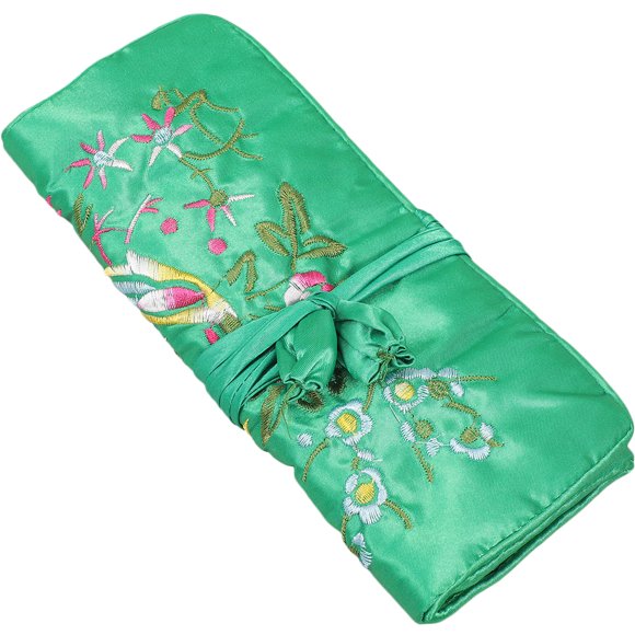 EeaseMX Bolsa enrollable para joyas con flores bordadas a mano, bolsa para guardar cosméticos, organizador de maquillaje con brocado y cierre de lazo para viajes (verde)