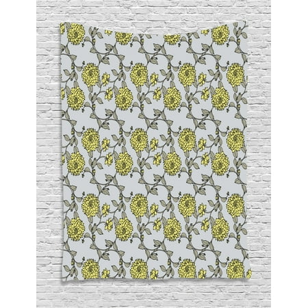 Grey And Yellow Tapestry Pattern With Chrysanthemum Flowers