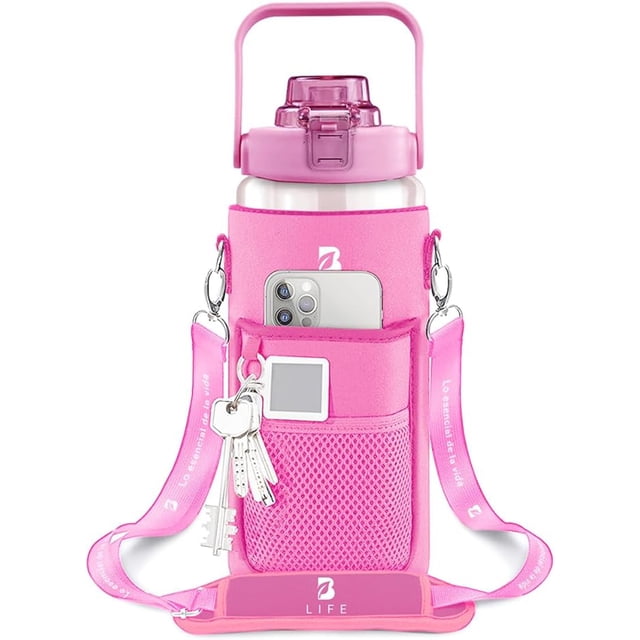 Botella Deportiva Motivacional de Plástico 2L Color Rosa con Funda de Neopreno y Correa B Life