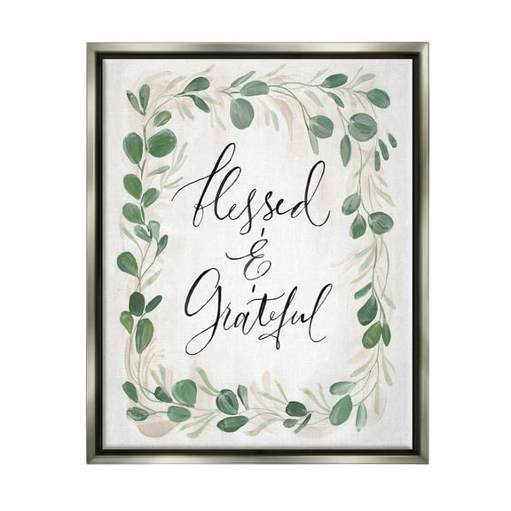 Stupell Industries Blessed & Grateful Botanical Eucalyptus Border Calligraphy Graphic Art Luster Gray Floating Framed Canvas Print Wall Art, Design by Caverly Smith