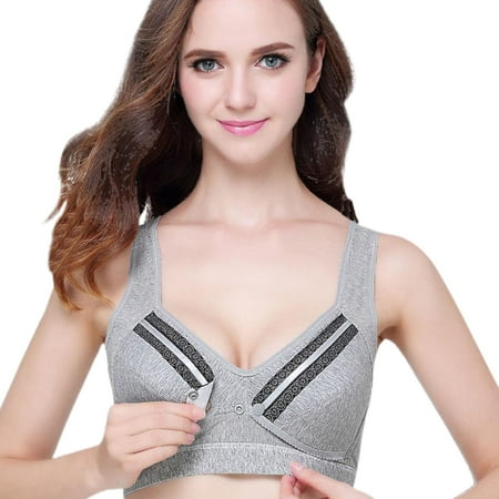 

rygai Wide Shoulder Straps Nursing Bra Full Cup Wire Free Front Opening Button Maternity Breastfeeding Bra for Daily Wear Grey L