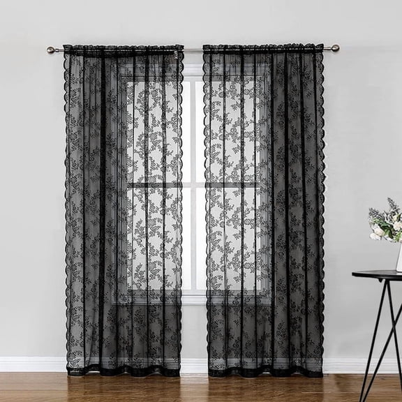 Black Lace Curtains for Bedroom Living Room Vintage Floral Embroidered Sheer Voile Window Sets Durable Rose Lace Fabric Rod Pocket Curtain Drapes for Christmas Decoration, 2 Panels