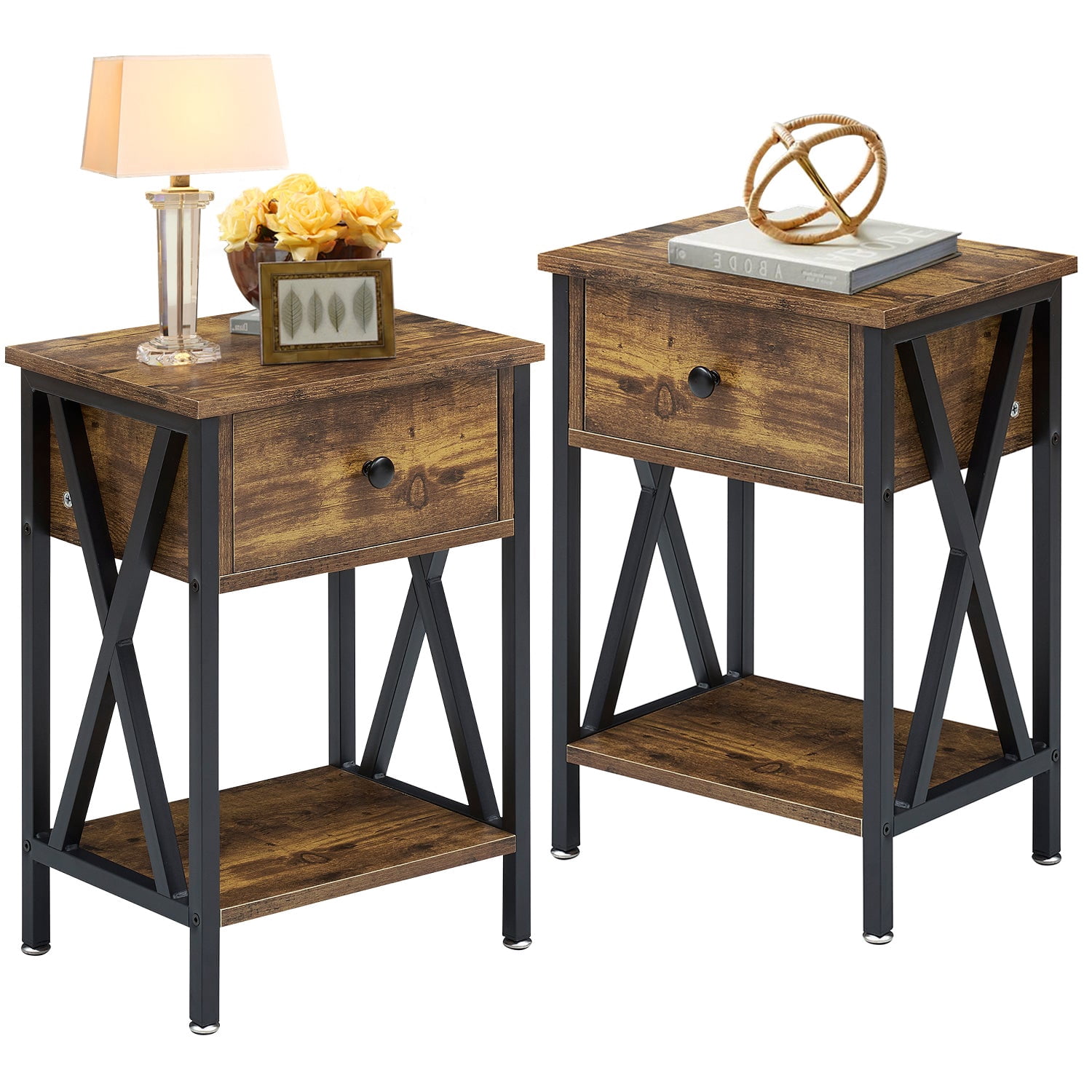 VECELO Nightstands Set of 2, Industrial End Table with 1-Drawer & Storage Shelf, Small Bedside Table Organizer for Small Space, Side Table for Bedroom Living Room, Antique Brown