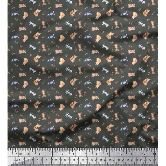 Soimoi Gray Poly Georgette Fabric Cute Animals Kids Print Fabric by the Yard 42 Inch Wide