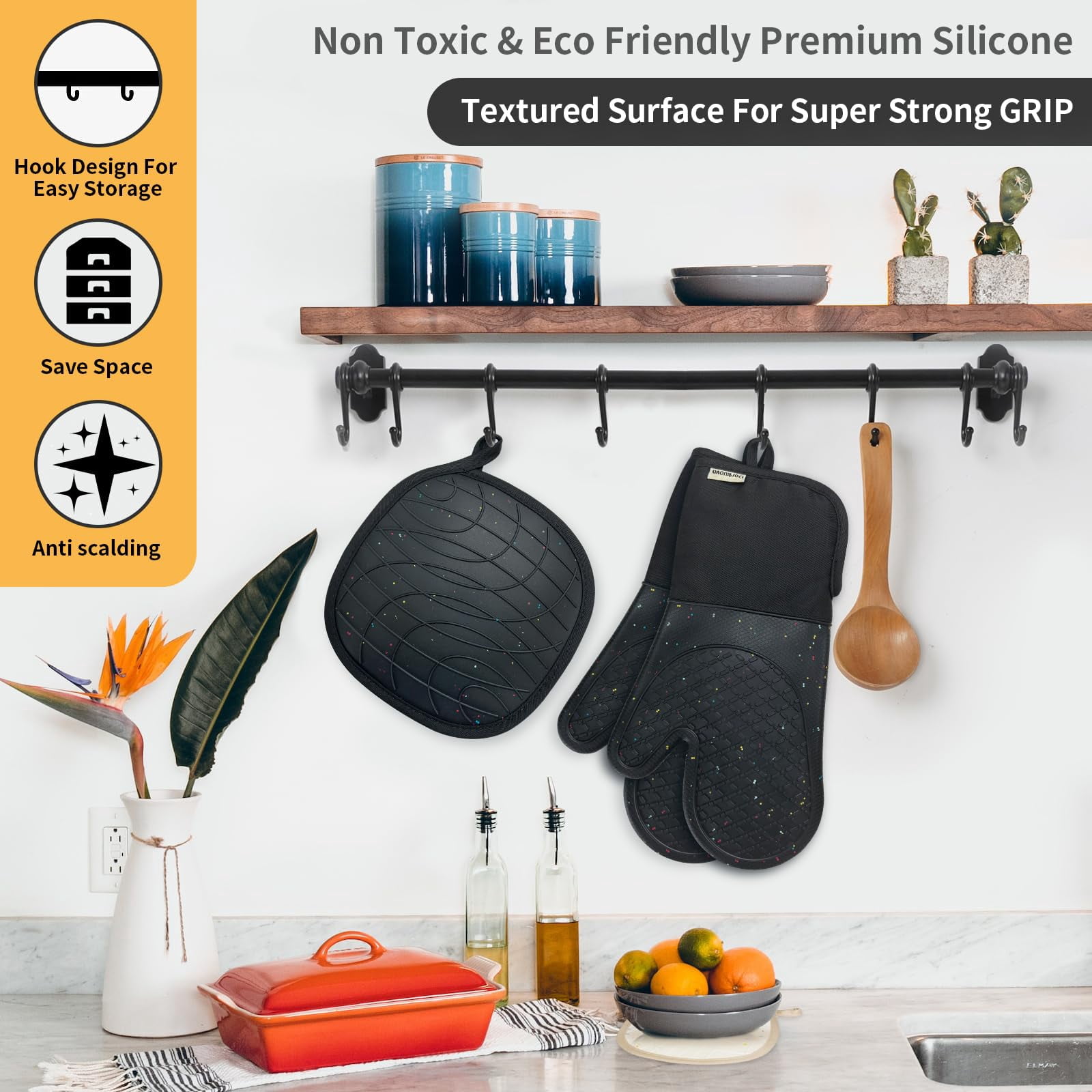 Oven Mitts Black 4 Heat Resistant Silicone Kitchen Baking Gloves