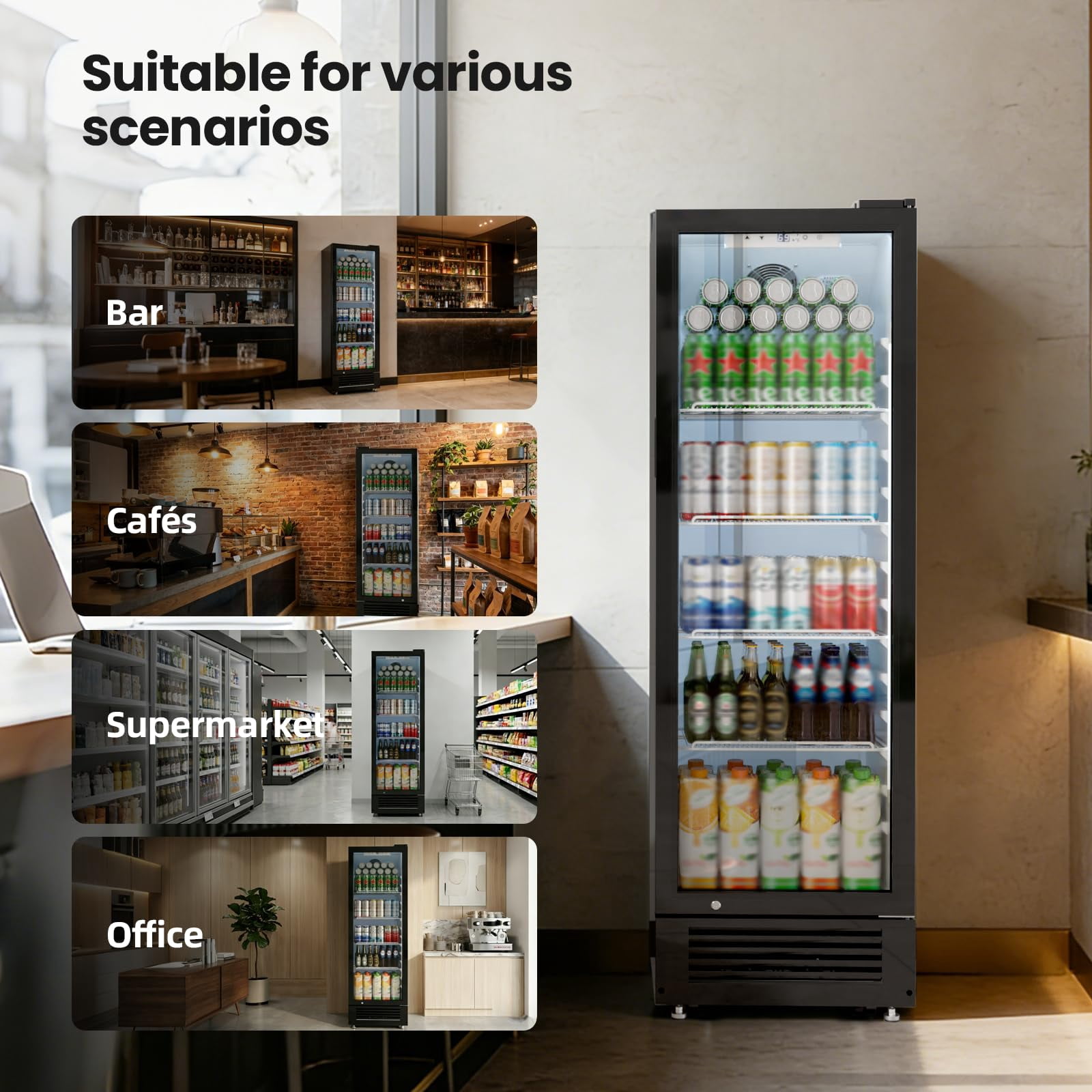 Auseo 9 Cu.Ft Commercial Refrigerator, Double-Tempered Glass Door Beverage Fridge with Wheels, Low-Noise Outdoor Drink Cooler for Bar, Office, Restaurant or Home