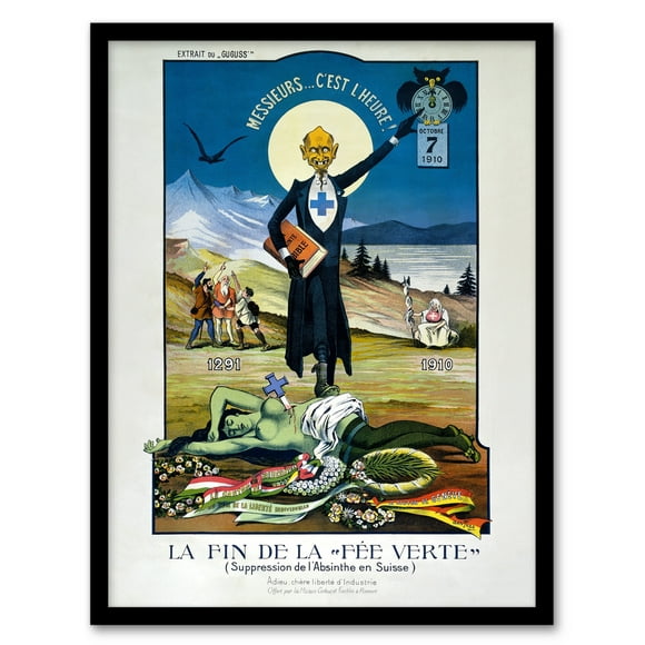 Swiss Vintage Advert Anti Absinthe Prohibition 1910 The End of the Green Fairy Pub Bar Dcor Art Print Framed Poster Wall Decor 12x16 inch