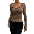 thumbnail image 2 of Camiseta de Larga con Cuello Redondo Estilo Y2K para Mujer, de Color Liso, Ideal para , Otoño e Invierno. para un Look Casual de Negocios. Marrón L, 2 of 8