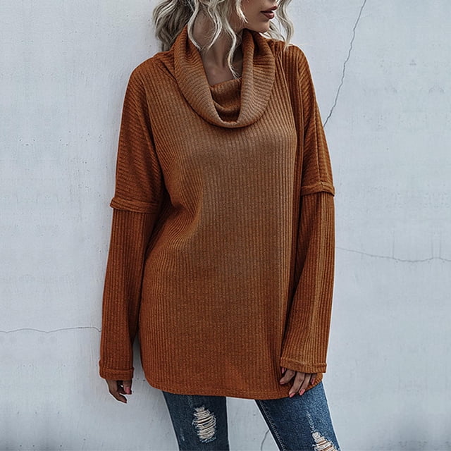 EGNMCR Pull Col Roulé pour Femmes, Pulls pour Femmes Mode Féminine Manches Longues Couleur Unie Pull Fendu Women Sweater