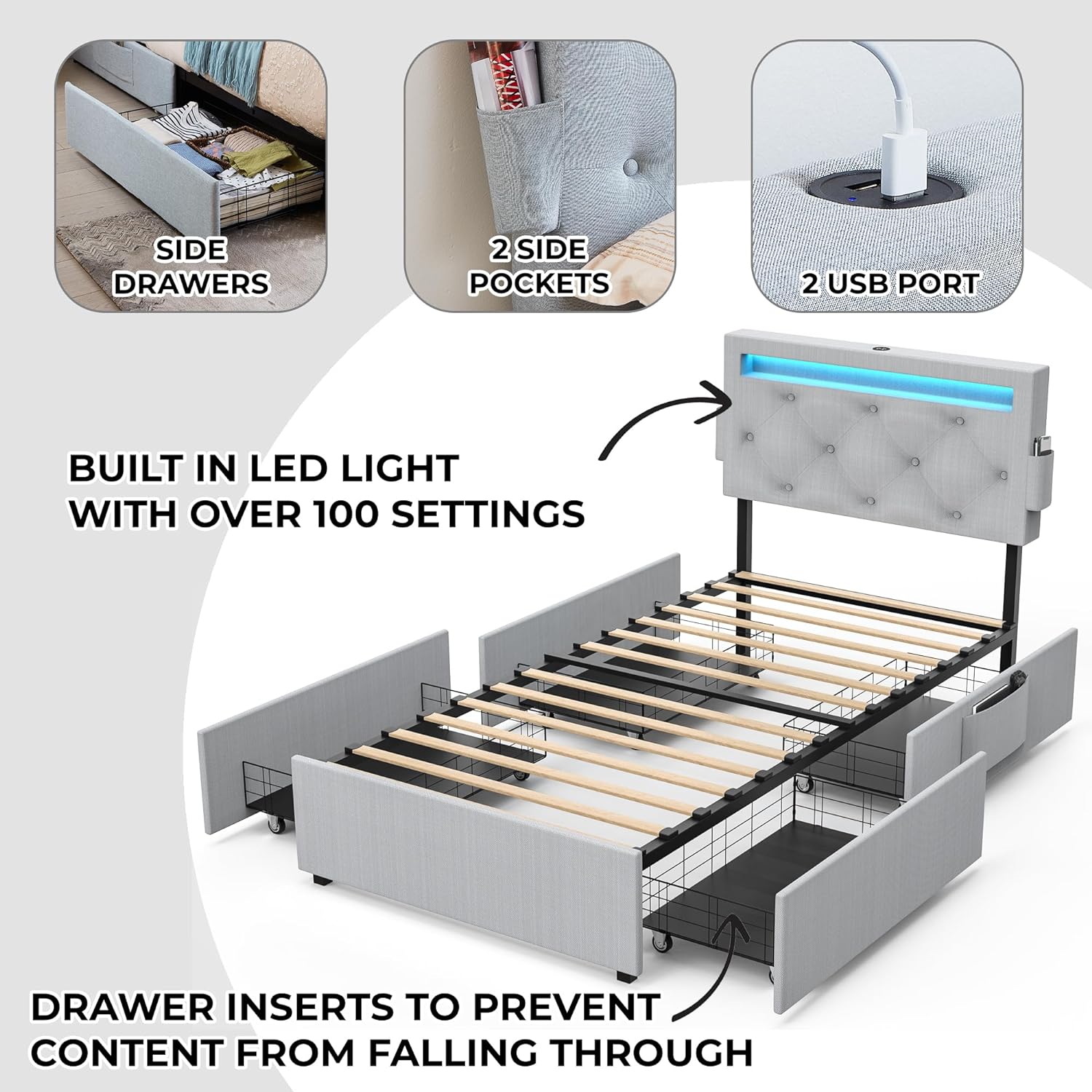 Miniyam Upholstered Kids Twin Size Bed with USB Charging Station, LED Lights, Storage Drawers, Light Gray