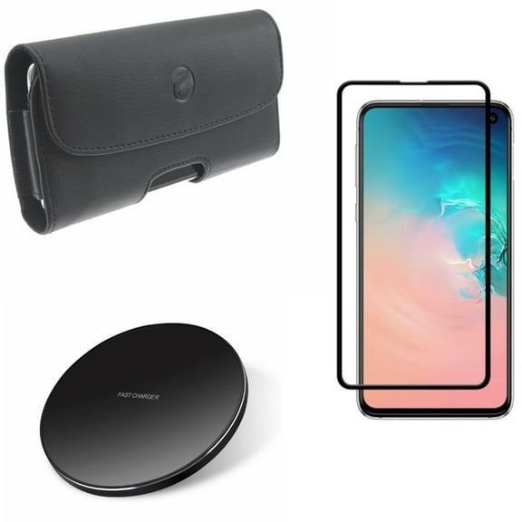 Galaxy S10e Screen Protector w Wireless Charger w Case Belt Clip - Tempered Glass 5D Curved Edge, Fast 7.5W and 10W Charging Pad, Leather Holster Cover for Samsung Galaxy S10e Phone