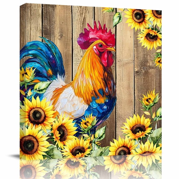 Framed Canvas Wall Art for Living Room Sunflower Rooster Wall Decor, Farm Animal Wood Grain Aesthetic Paintings for Bedroom Office Kitchen Bathroom, Ready to Hang Artwork Wall Pictures 8x8 Inch
