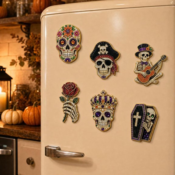 6 Pcs DIY Halloween Pearl Diamond Art Painting Fridge Magnet,Pearl Art Magnetic Sticker Craft Kit for Adults & Beginners, Refrigerator Whiteboard Kitchen Home Decor & Spooky Gift,G