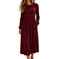 thumbnail image 2 of Women's Long Sleeve Casual Fall Dresses Crew-Neck Swing Party Dress with Pockets 2026 Wine S, 2 of 7