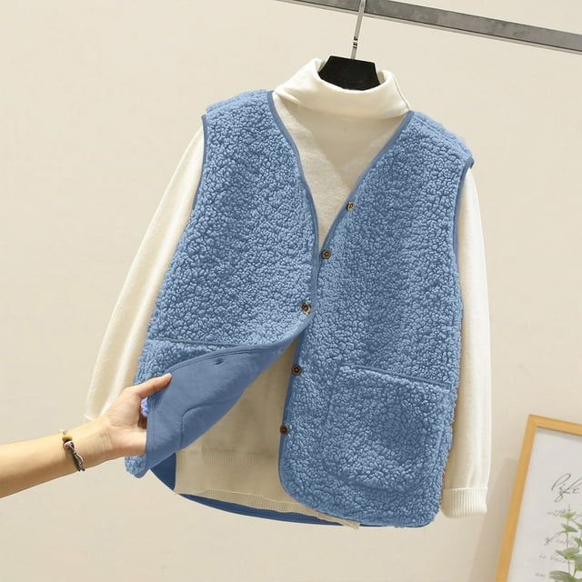 LOVZFMLL Jackets for Women Pocket Coat Short Jacket Winter Sleeveless Fleece Button Solid Outerwear
