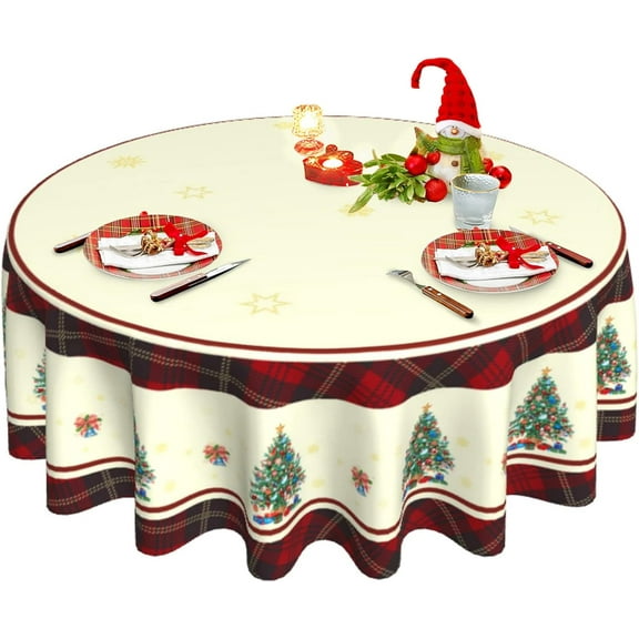 Christmas Tablecloth, Red Winter Round Tablecloth 70 Inch, Xmas Happy New Year Table Cloth for Rustic Farmhouse Kitchen Decor, Wipeable Polyester Fabric Table Cover for Holiday Party Outdoor Camping