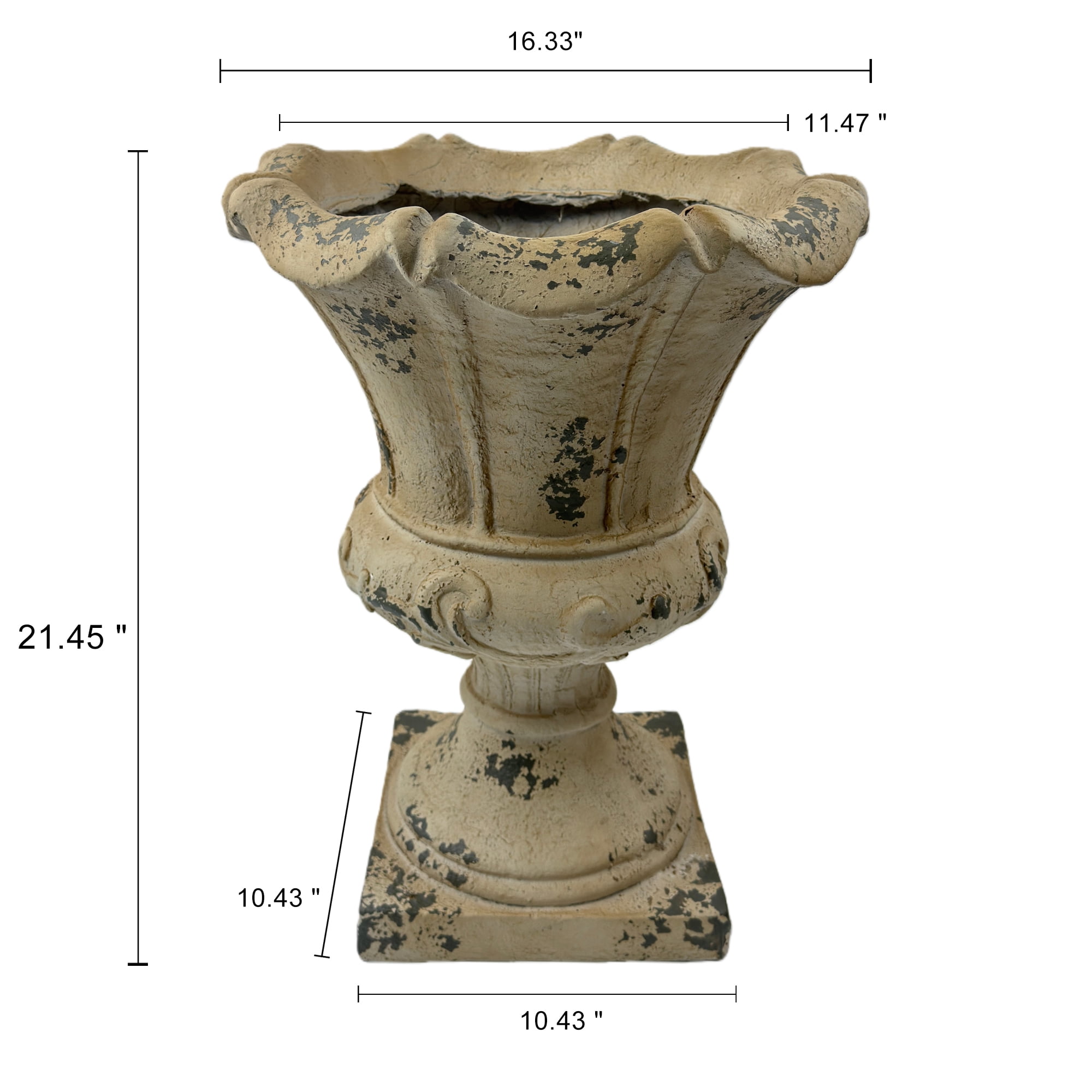 WRXELAN Antique White Planter, Decorative Garden Urn with Drainage Hole, Ready-to-Use Large Plant Pot for Patio, Porch, Lawn, Indoor or Outdoor Gardening, 16.33" Wx16.33 Dx21.45 H