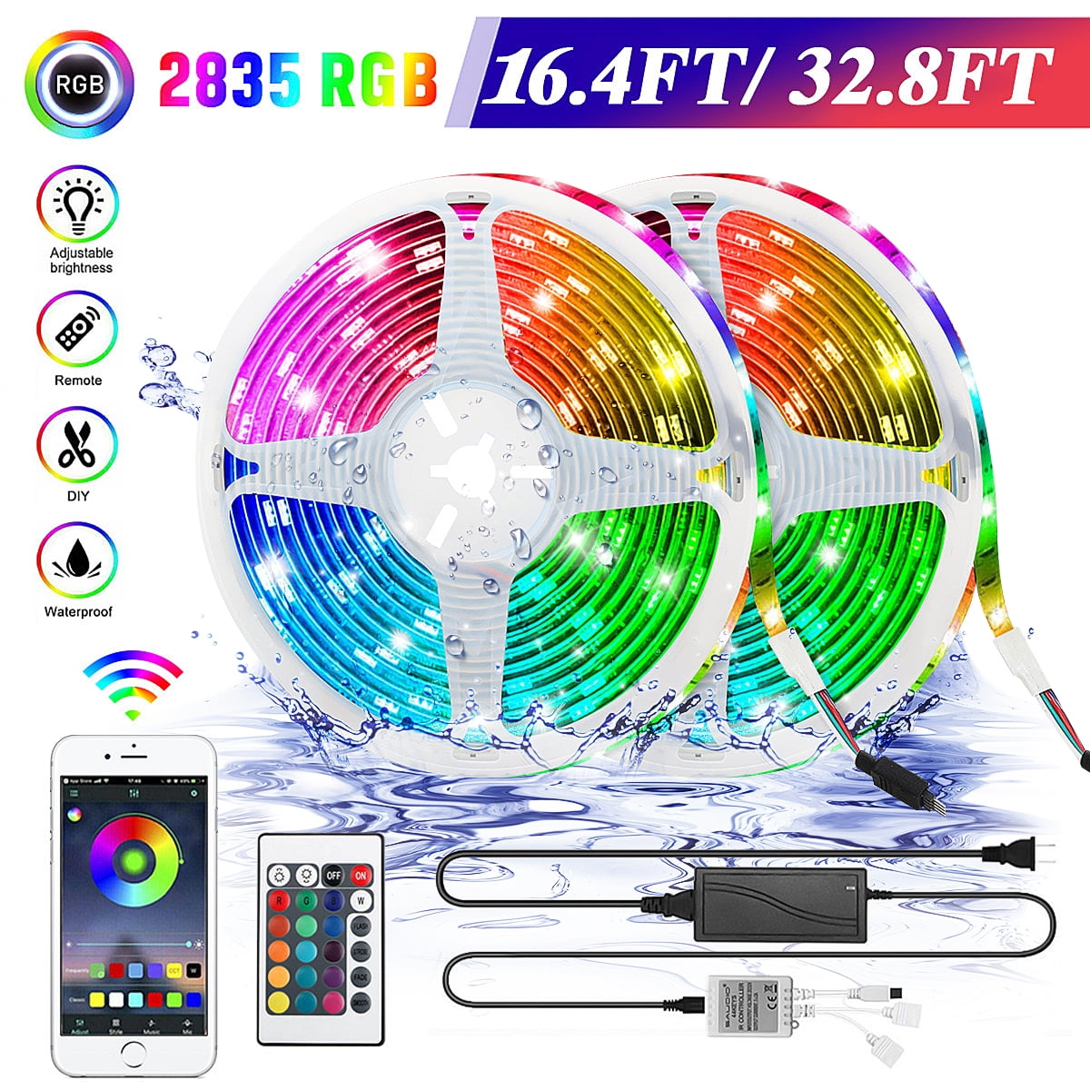 16.4/32.8ft Music Sync RGB LED Strip Lights Bluetooth APP w/ Remote Waterproof 