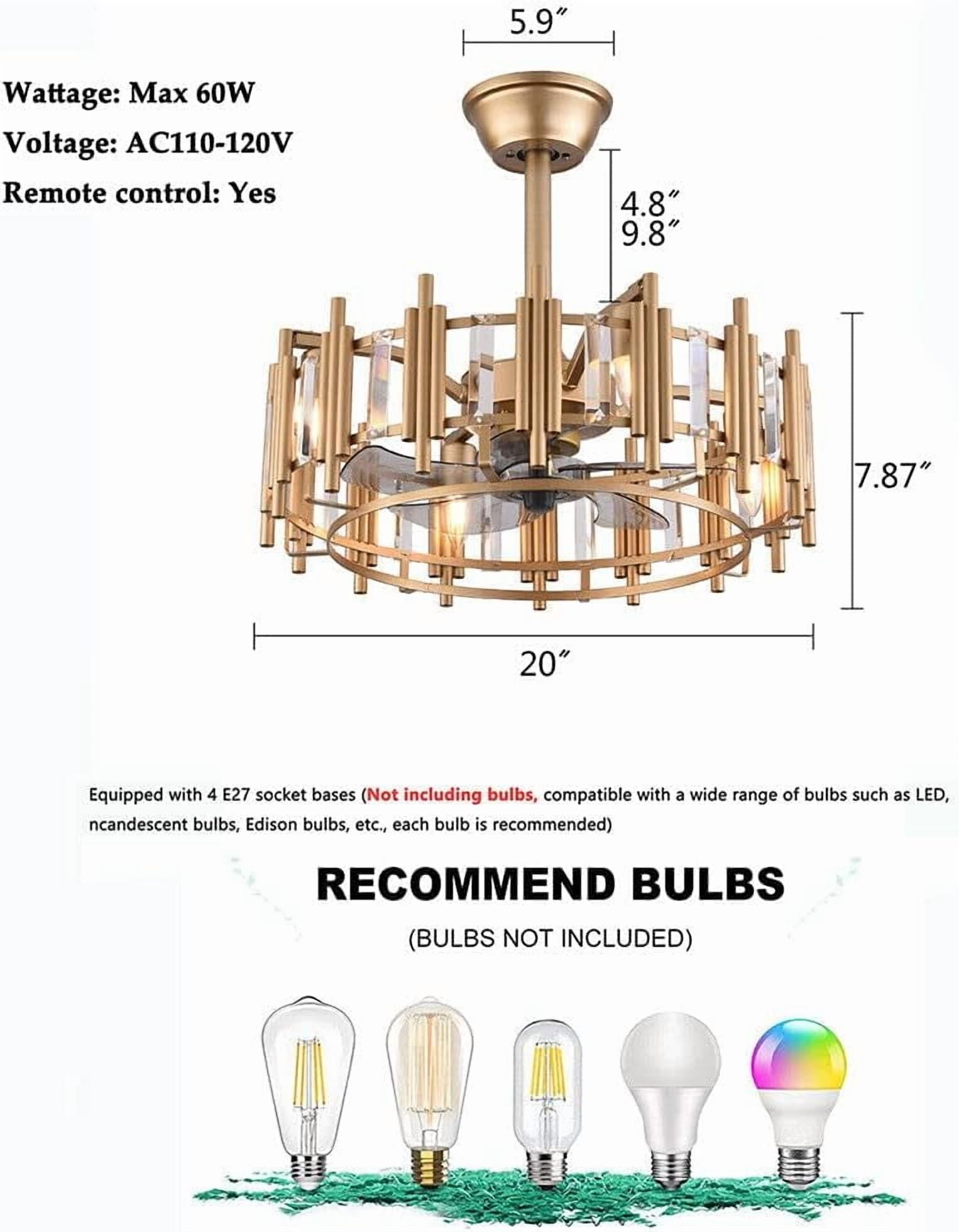 20" Ceiling Fan Light Dimmable 3 Speed Chandelier Lamp Fixture w/Remote & Timing Function for Bedroom, Living Room, Dining Room, Kitchen Island