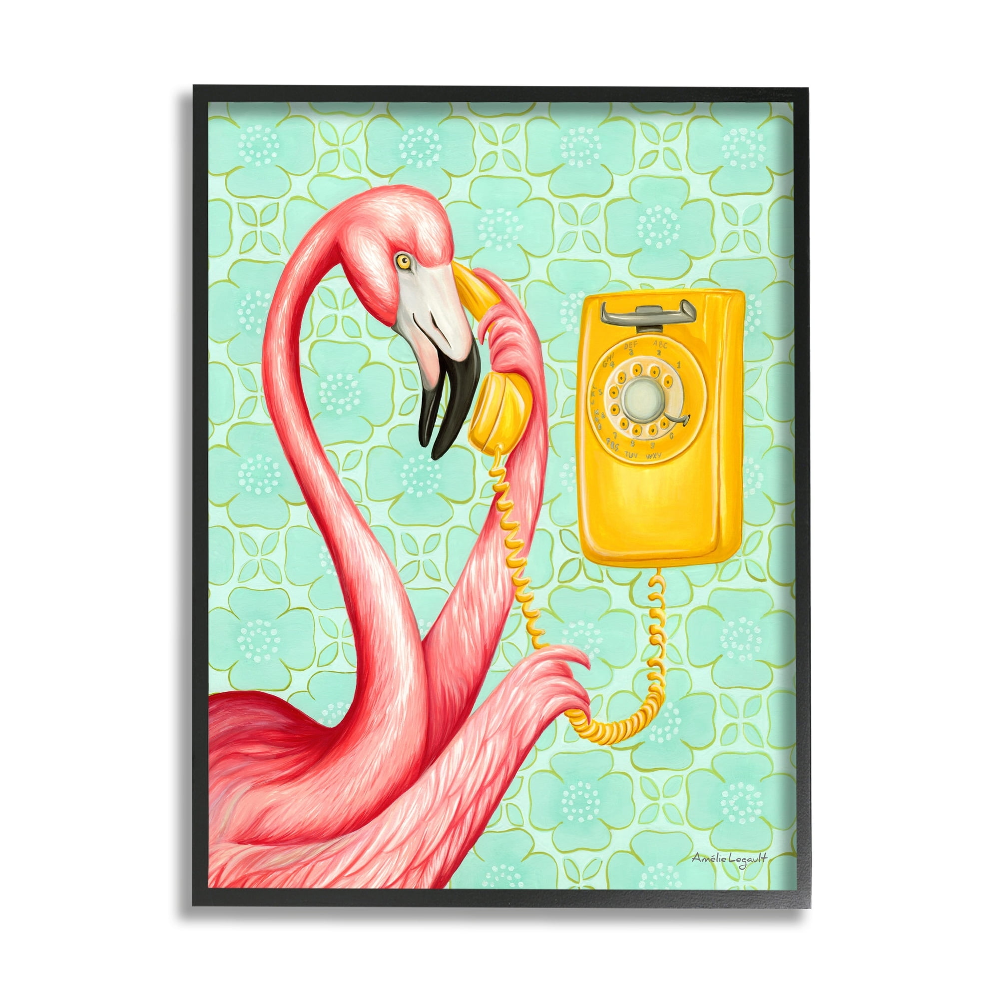 Stupell Industries Flamingo Using Retro Telephone Patterned Flower Motif Graphic Art Black Framed Art Print Wall Art, Design by Amelie Legault