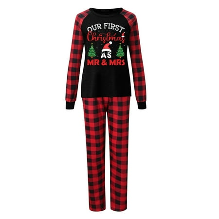 

Family Christmas Pjs Mom Mother Text Print Round Neck Red and Black Checkered Long Sleeve Set Pajama Set