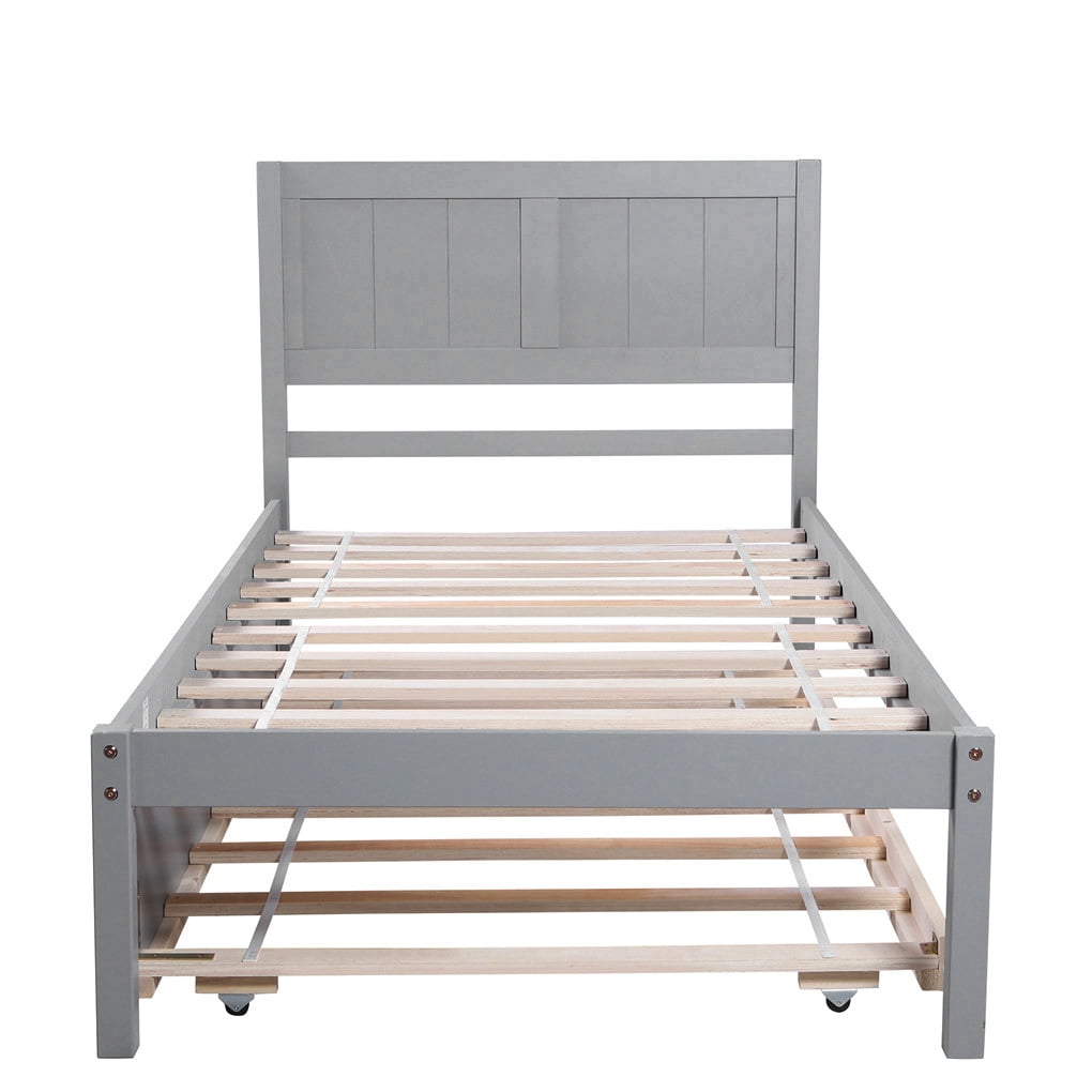 Irene Inevent Bed Frame Wooden Slatted Mattress Support Platform Bed Twin Size Trundle Bedstead with Headboard