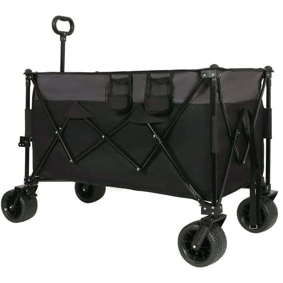 Outdoor Garden Carts Extra Large 300L Tall Heavy-Duty Folding Wagon Cart with 480lbs Capacity – All-Terrain Wheels, Side Pockets, Brakes & Drink Holders for Camping, Beach, Sports, Gardening, Black-