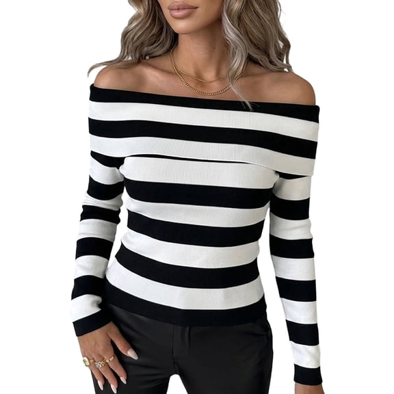 CHICME Striped Sweaters for Women Off Shoulder Long Sleeve Knit Sweater Soft Stretchy Slim Fit Pullover Black-L Fall Tops
