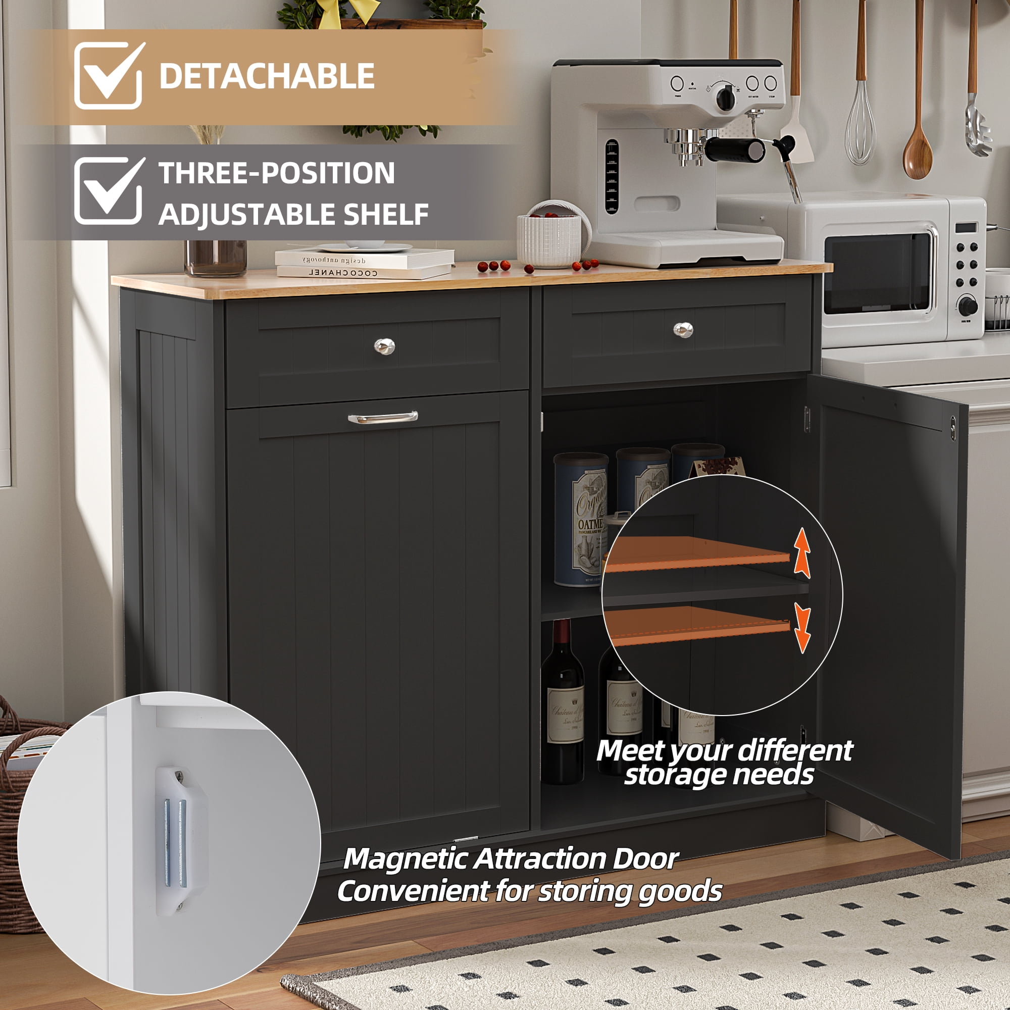 HARIPUL Single Tilt Out Trash Cabinet 13 Gallon Waste Bins Hidden Trash Bin w/ Hiddles for Kitchen, Black