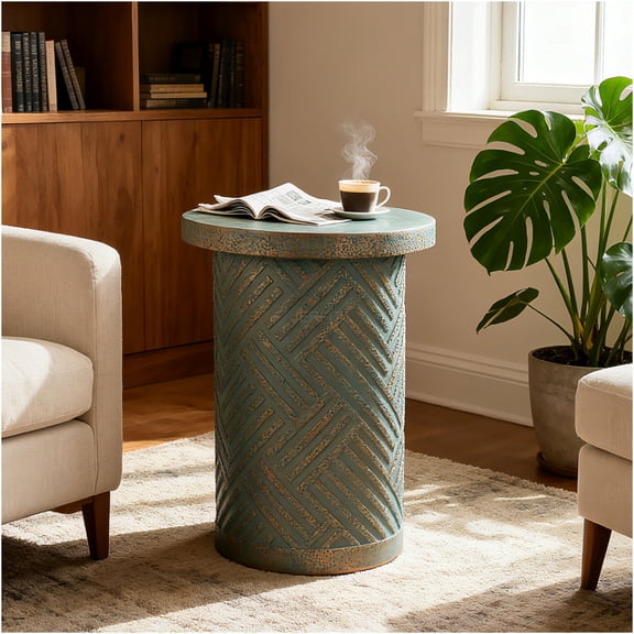 JERFIT Modern Drum Outdoor Side Table, MGO Cement Accent Table for Patio Garden Indoor Use, Round Plant Stand Stool in Golden Green Peacock