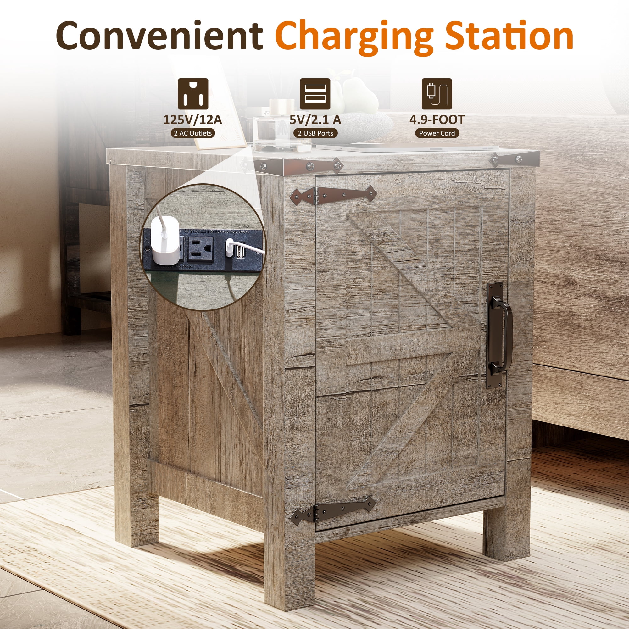 OKD Nightstand Set of 2 with Charging Station, Farmhouse Rustic Wood Side Table for Living Room, End Table for Bedroom, Light Rustic Oak