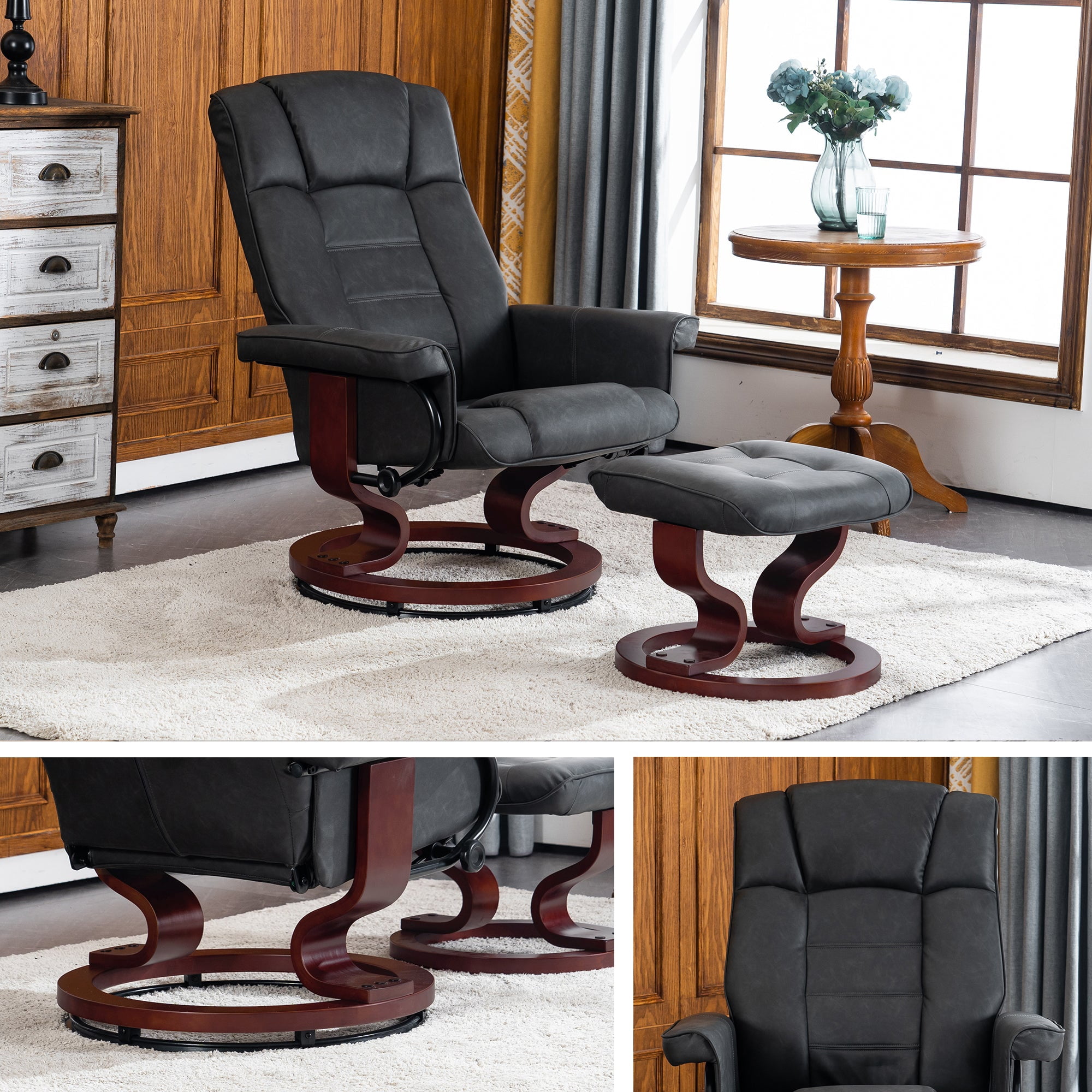 MCombo Swivel Recliner Chair with Wood Base and Ottoman, Faux Leather