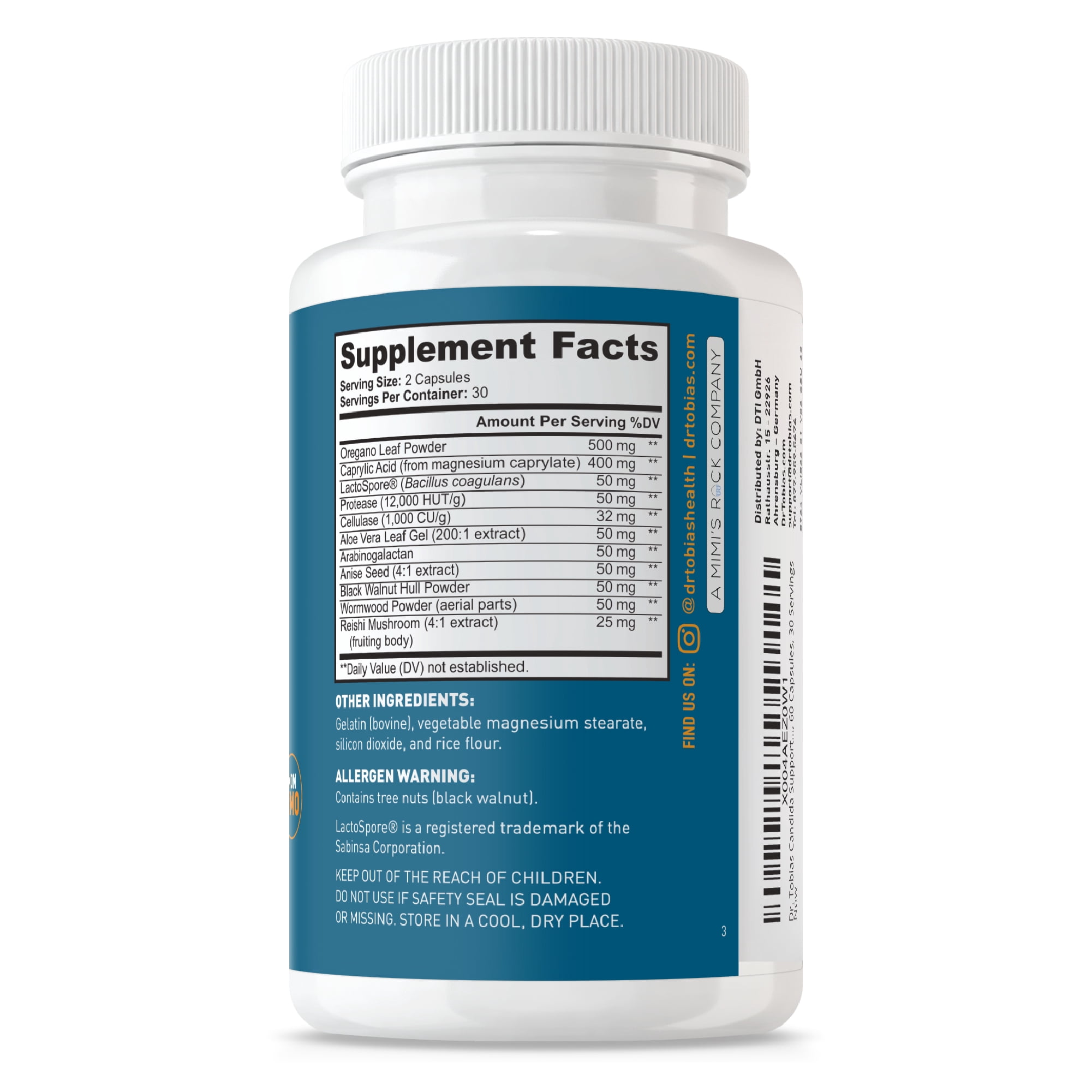 Dr. Tobias Candida Support, Gut Flora Balance Complex with Oregano, Caprylic Acid, Enzymes & Probiotics, Support Intestinal Detox Cleanse & Gut Health for Women & Men, 60 Capsules, 30 Servings