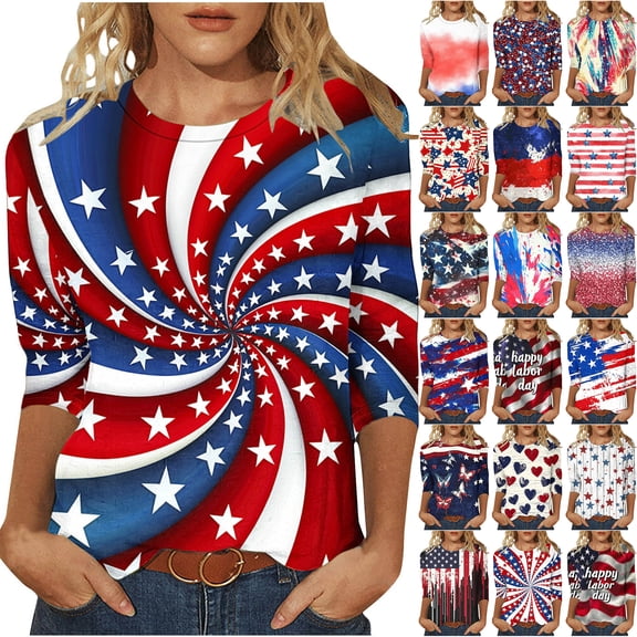 JTZGDY Plus Size Womens Independence Day Tops Loose Fit Casual Dressy American Flag Printed Summer 3/4 Length Sleeve Oversized Crewneck Graphic Holiday Tees Shirt Red#02 S
