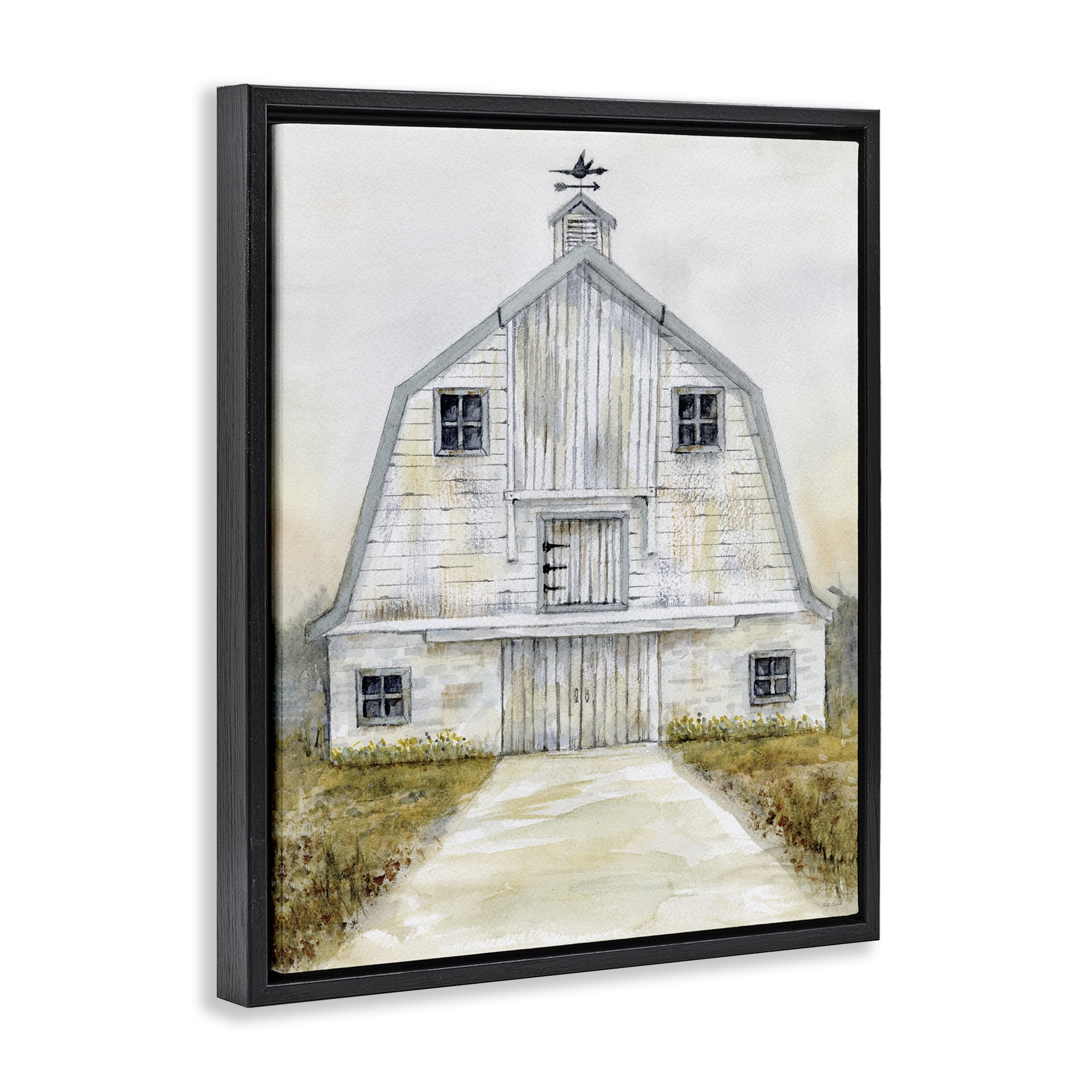Stupell Industries White Barn Grey Trim Landscape Painting Black Floater Framed Canvas Art Print Wall Art, 17 x 21