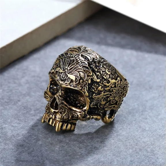 HOOUN Gothic Tribal Flower Gold Skull Ring Stainless Steel Men's Evil Skull Biker Ring-12