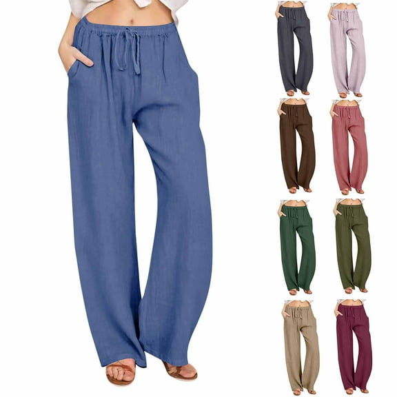 pstuiky Linen Pants Women Summer, Women Solid Color Cotton Linen Pants Slim High Waist Stretch Pants Elastic Wide Leg with Pocket Leisure Light Blue XL
