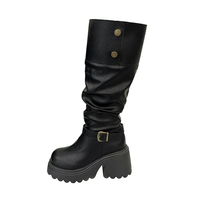 Wensltd Women's Knee High Riding Root Wide Calf Comfortable Round Toe Casual Winter Side Zipper Boots for Women