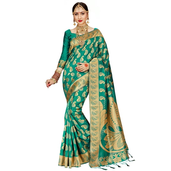 Elina Fashion Banarasi Art Silk Woven Traditional Saris, Teal
